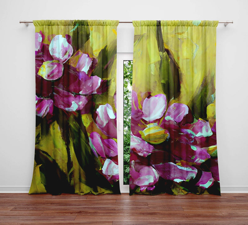 Floral Window Curtains - Green and Purple Contemporary Painted Print - Deja Blue Studios