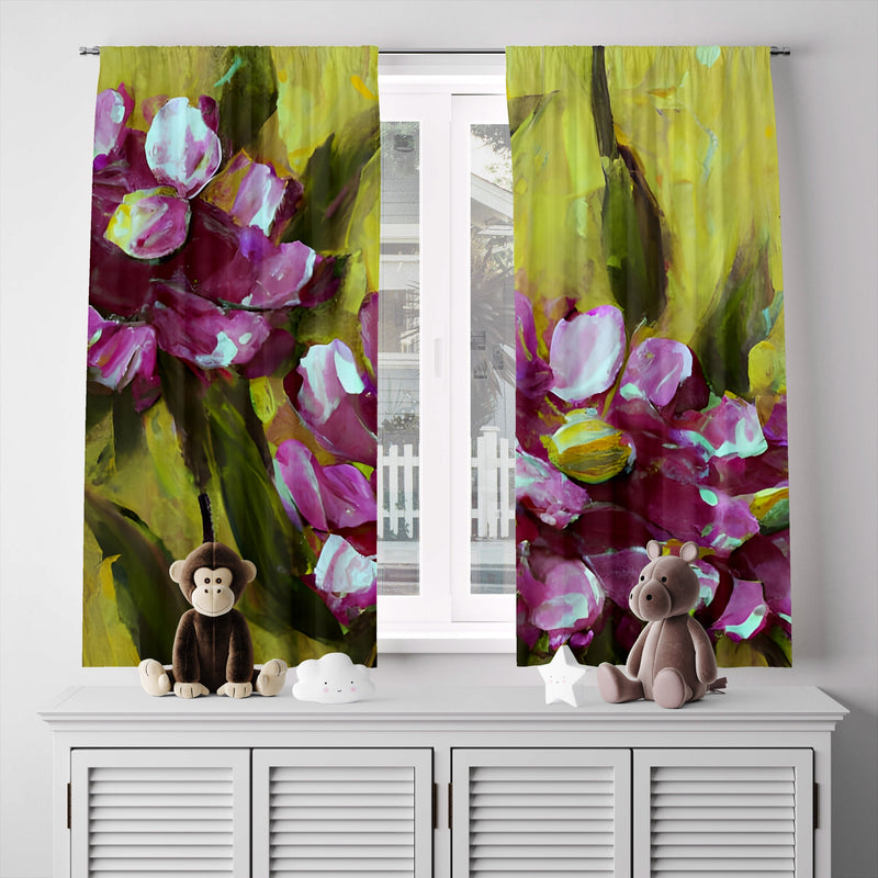 Floral Window Curtains - Green and Purple Contemporary Painted Print - Deja Blue Studios