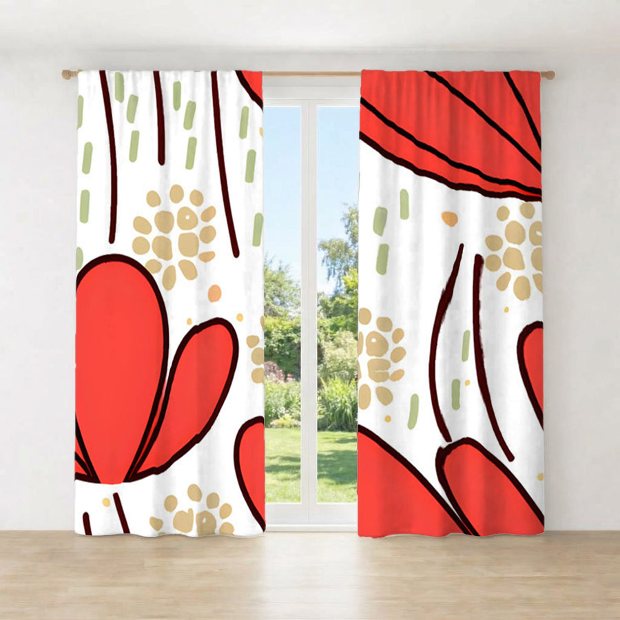 Red Minimalist Floral Pattern Window Curtains