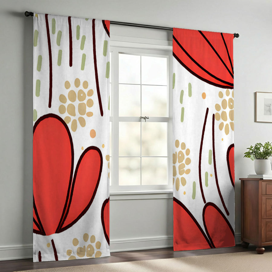 Red Minimalist Floral Pattern Window Curtains