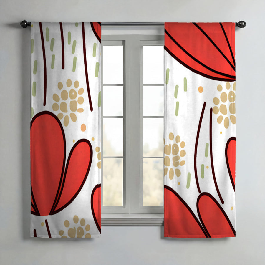 Red Minimalist Floral Pattern Window Curtains