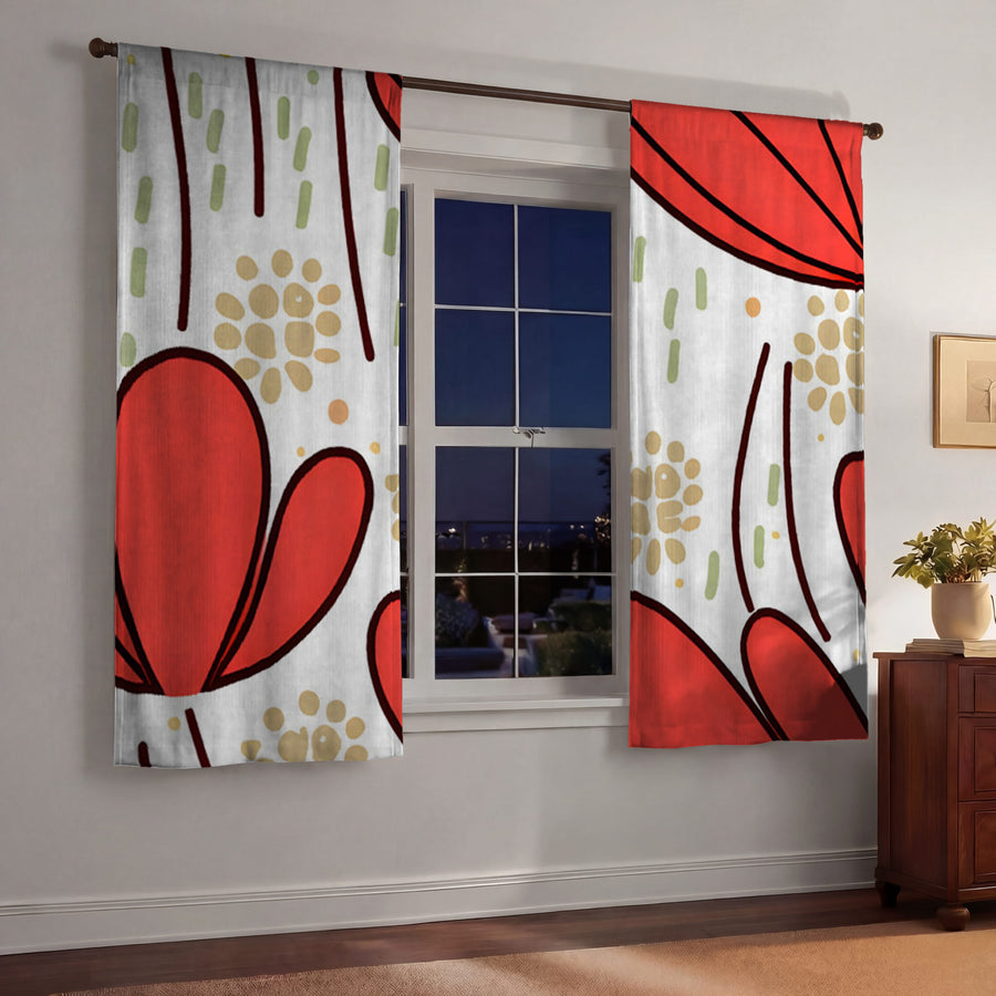 Red Minimalist Floral Pattern Window Curtains