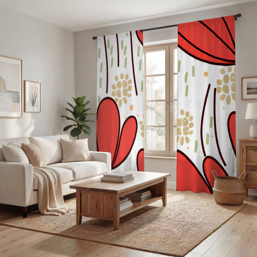 Red Minimalist Floral Pattern Window Curtains
