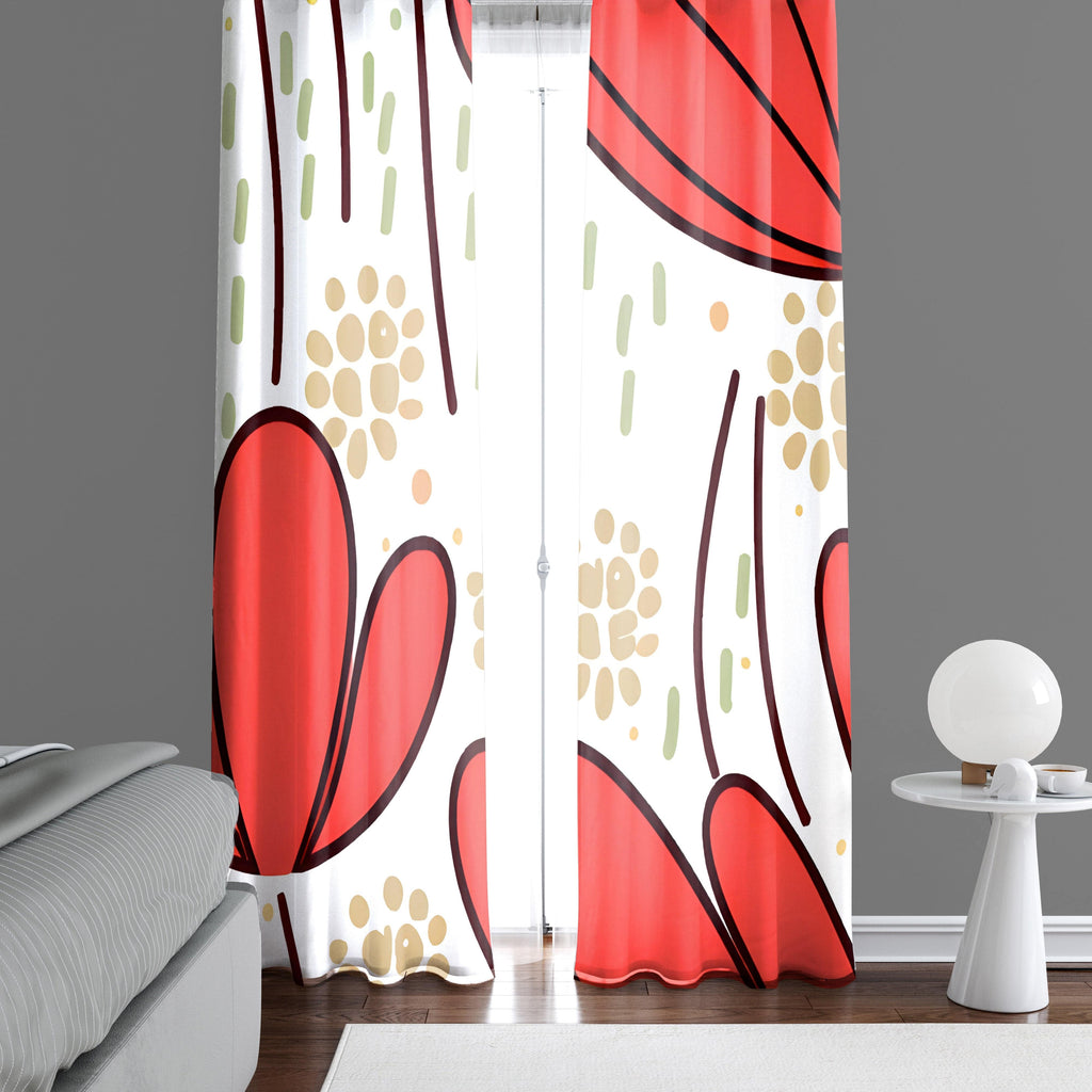 Whimsical Window Curtains - Red and White Modern Floral - Deja Blue Studios