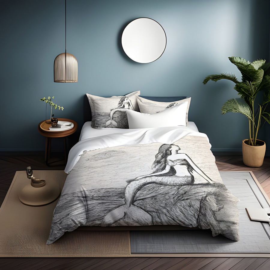 Gray Vintage Mermaid Artwork Duvet Cover