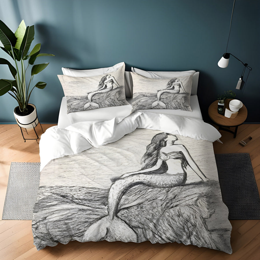 Gray Vintage Mermaid Artwork Duvet Cover