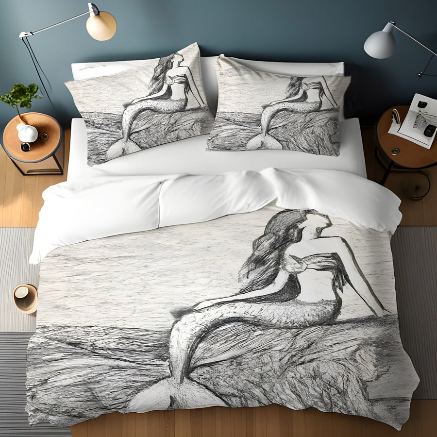 Gray Vintage Mermaid Artwork Duvet Cover