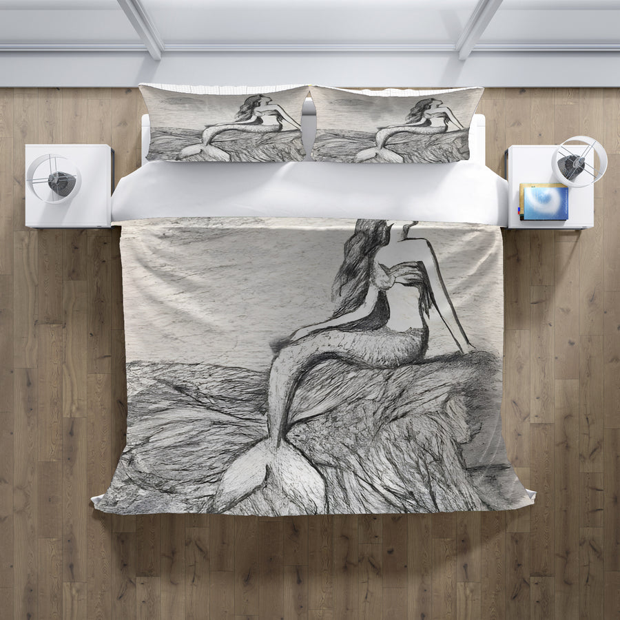 Gray Vintage Mermaid Artwork Duvet Cover