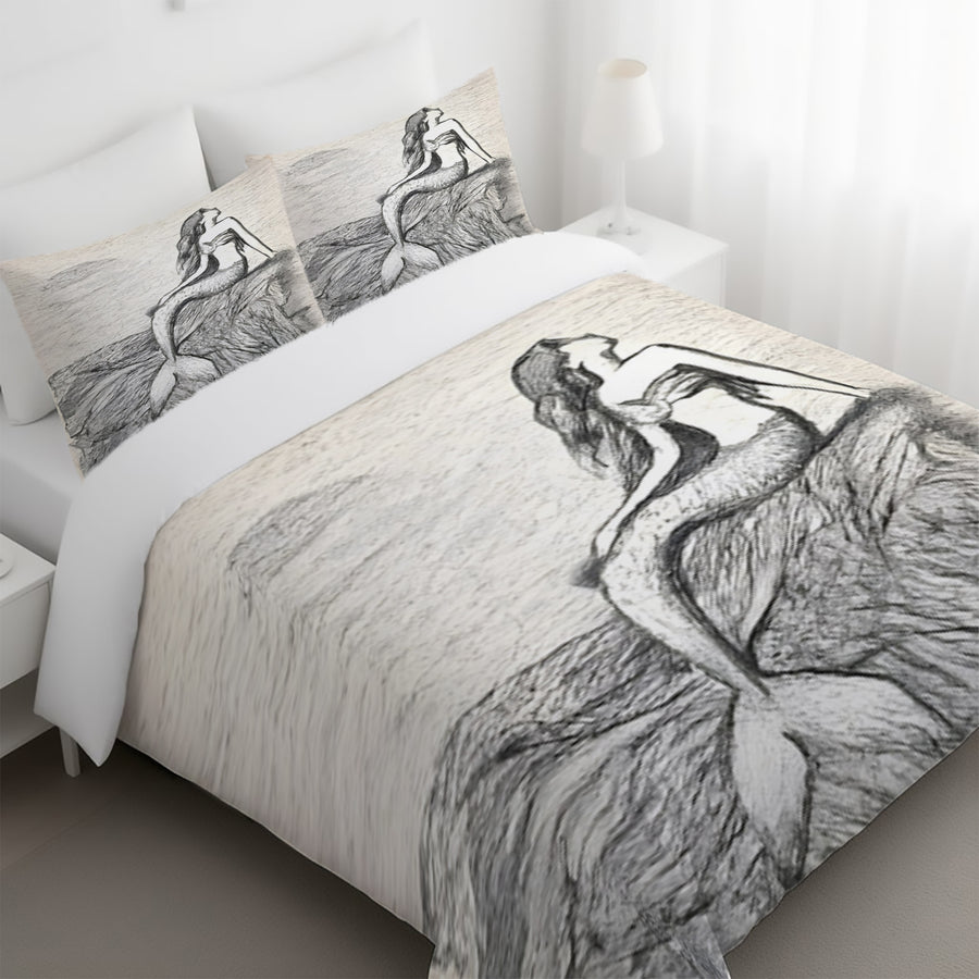 Gray Vintage Mermaid Artwork Duvet Cover
