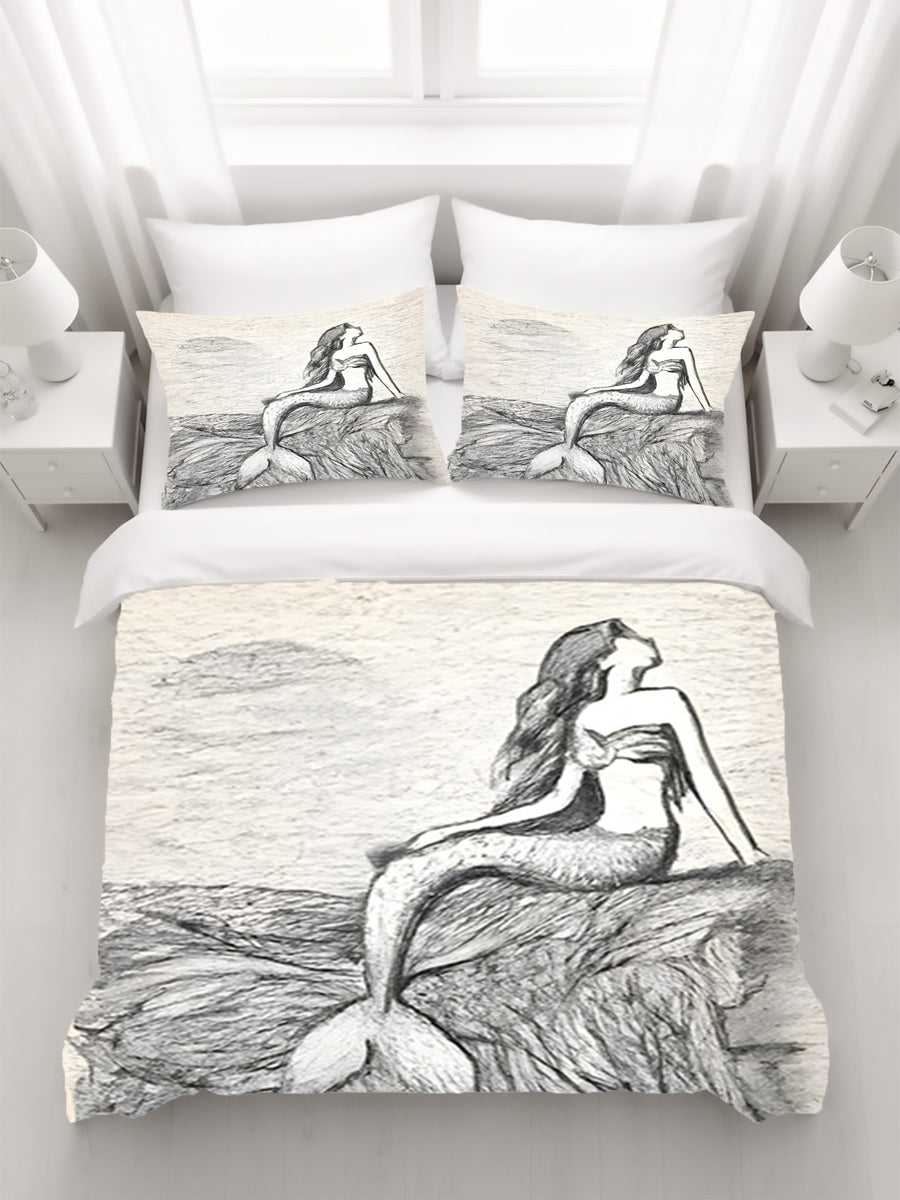 Gray Vintage Mermaid Artwork Duvet Cover