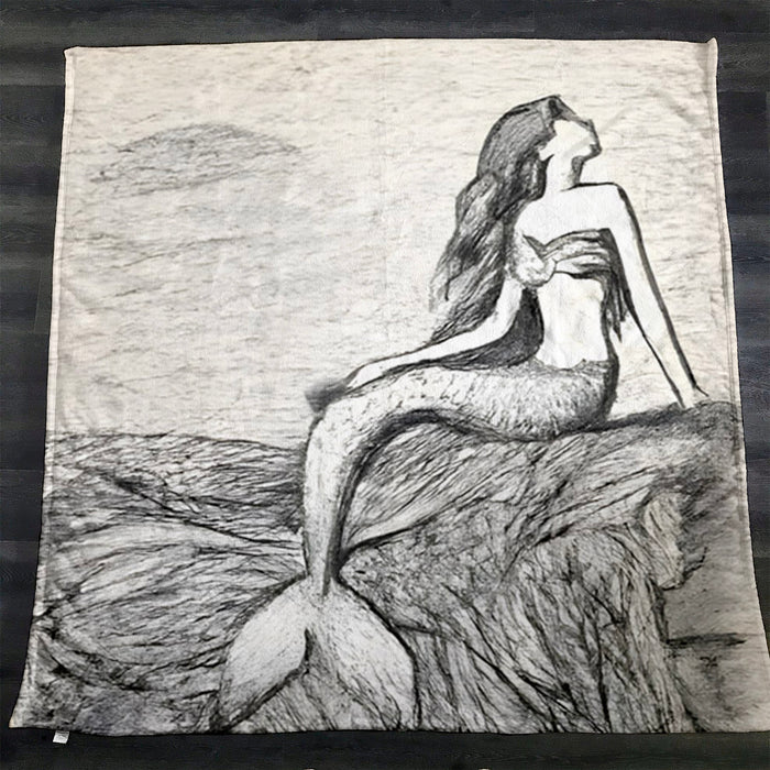 Gray Vintage Mermaid Artwork Fleece Sherpa Blanket