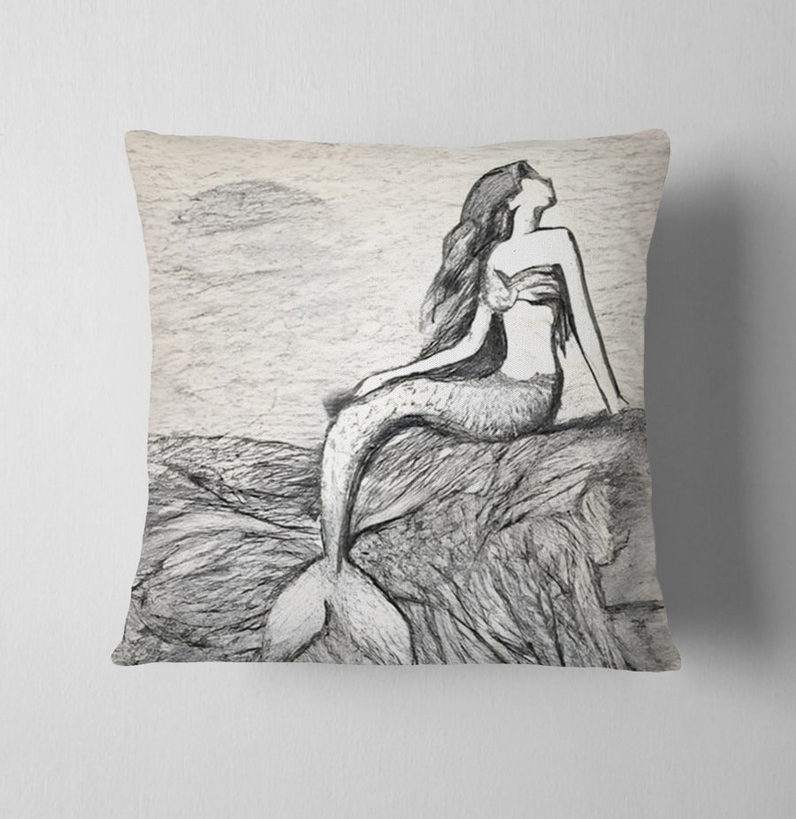 Gray Vintage Mermaid Artwork Throw Pillow Cover