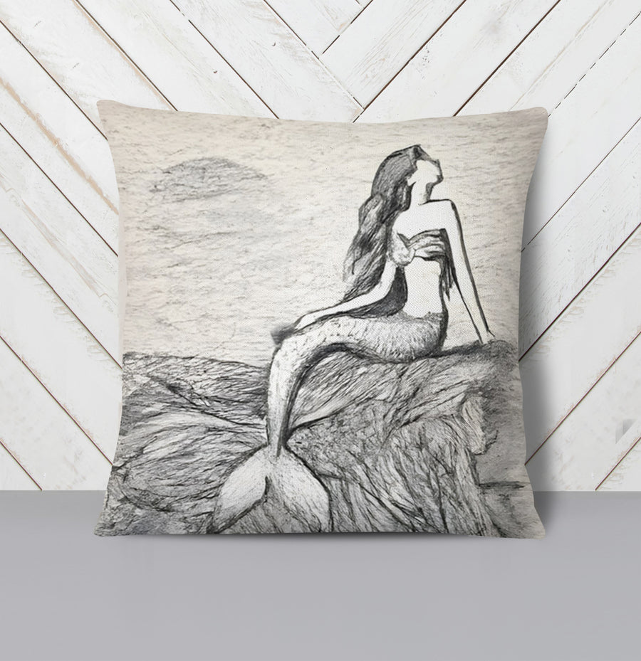 Gray Vintage Mermaid Artwork Throw Pillow Cover