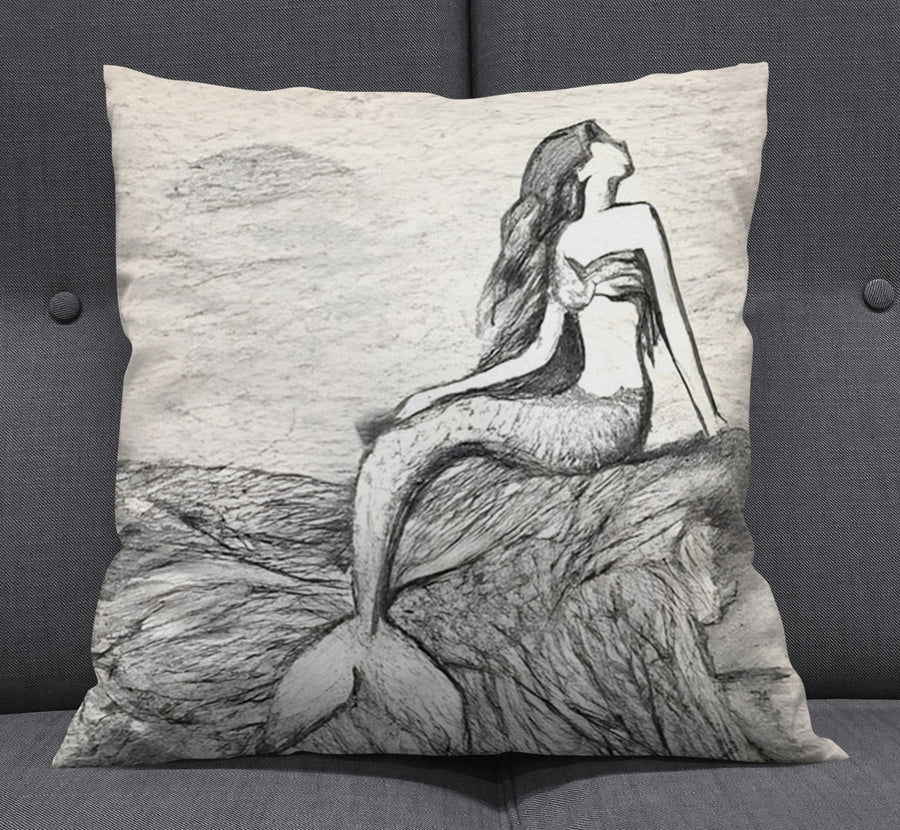 Gray Vintage Mermaid Artwork Throw Pillow Cover