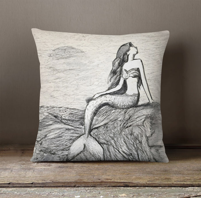 Gray Vintage Mermaid Artwork Throw Pillow Cover
