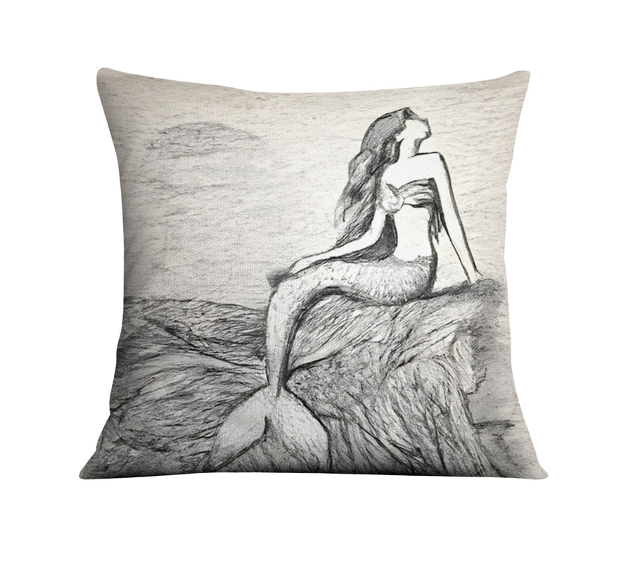 Gray Vintage Mermaid Artwork Throw Pillow Cover