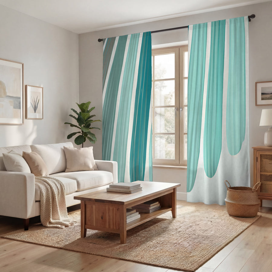 Teal Vertical Drip Stripe Pattern Window Curtains