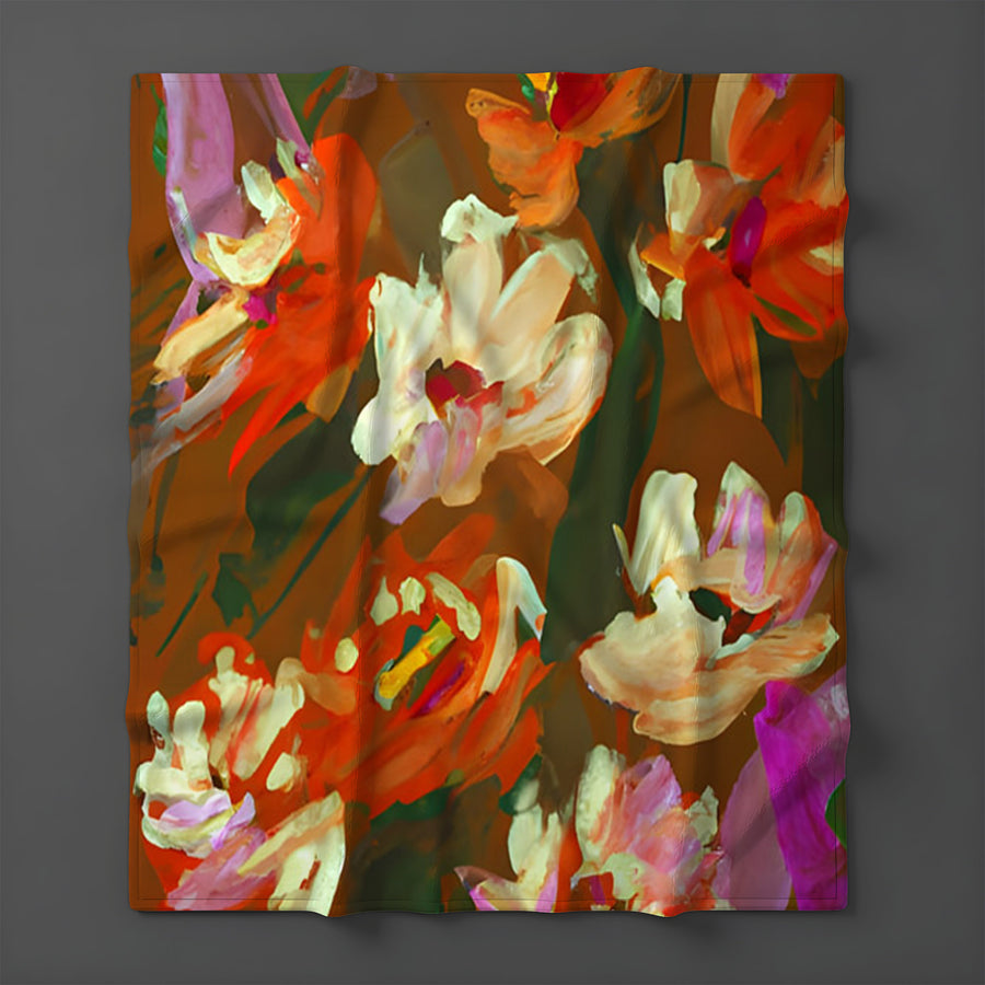 Red and Orange Floral Expression Artwork Fleece Sherpa Blanket