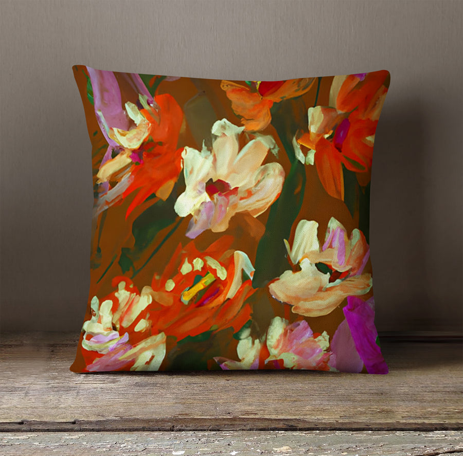 Red and Orange Floral Expression Artwork Throw Pillow Cover
