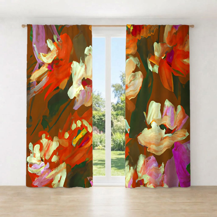 Red and Orange Floral Expression Artwork Window Curtain