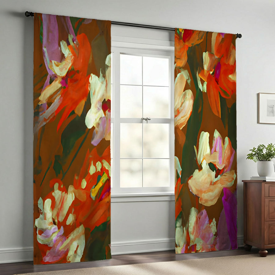 Red and Orange Floral Expression Artwork Window Curtain