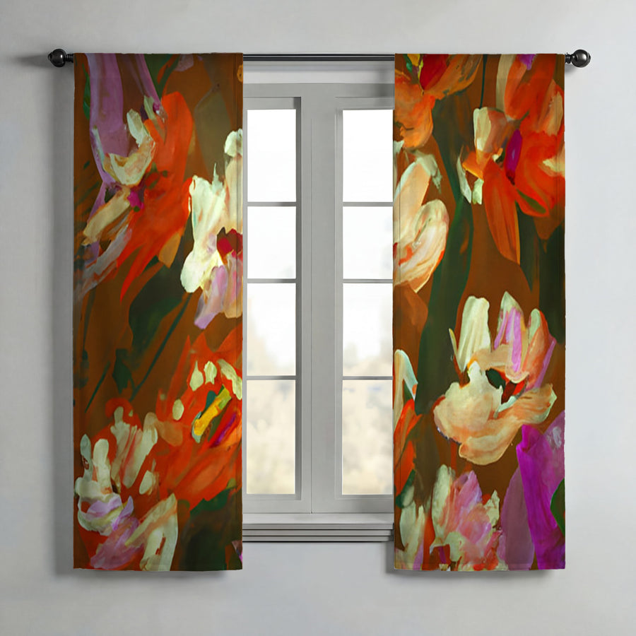 Red and Orange Floral Expression Artwork Window Curtain