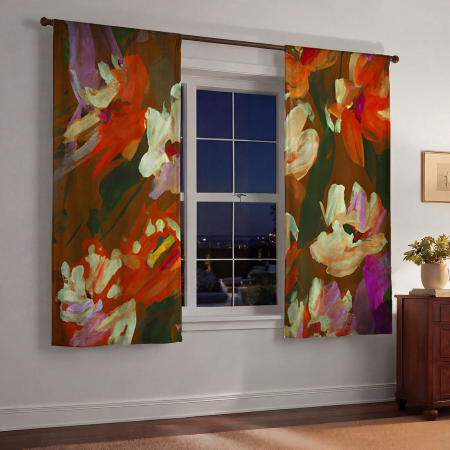 Red and Orange Floral Expression Artwork Window Curtain