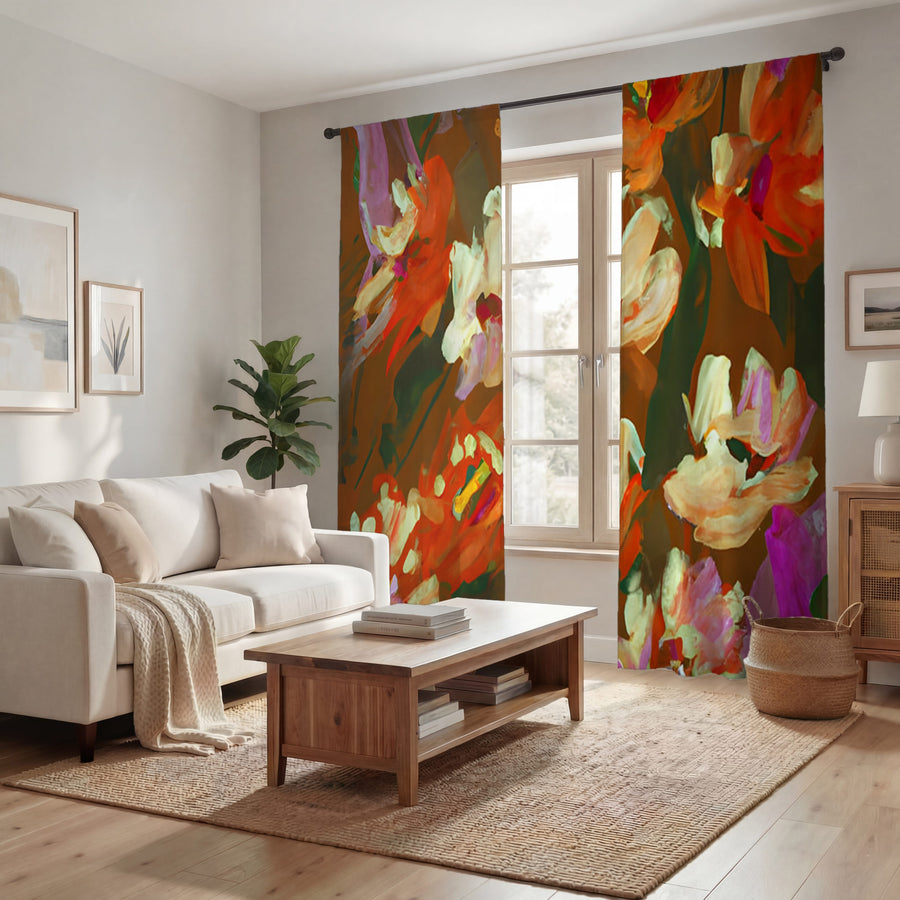 Red and Orange Floral Expression Artwork Window Curtain