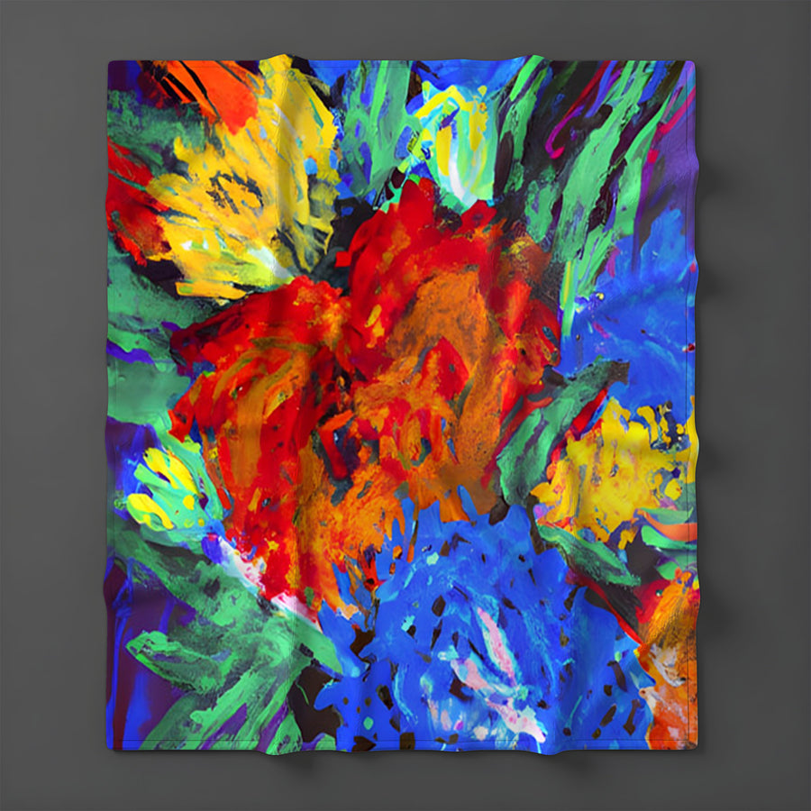 Red and Yellow Floral Burst Artwork Fleece Sherpa Blanket