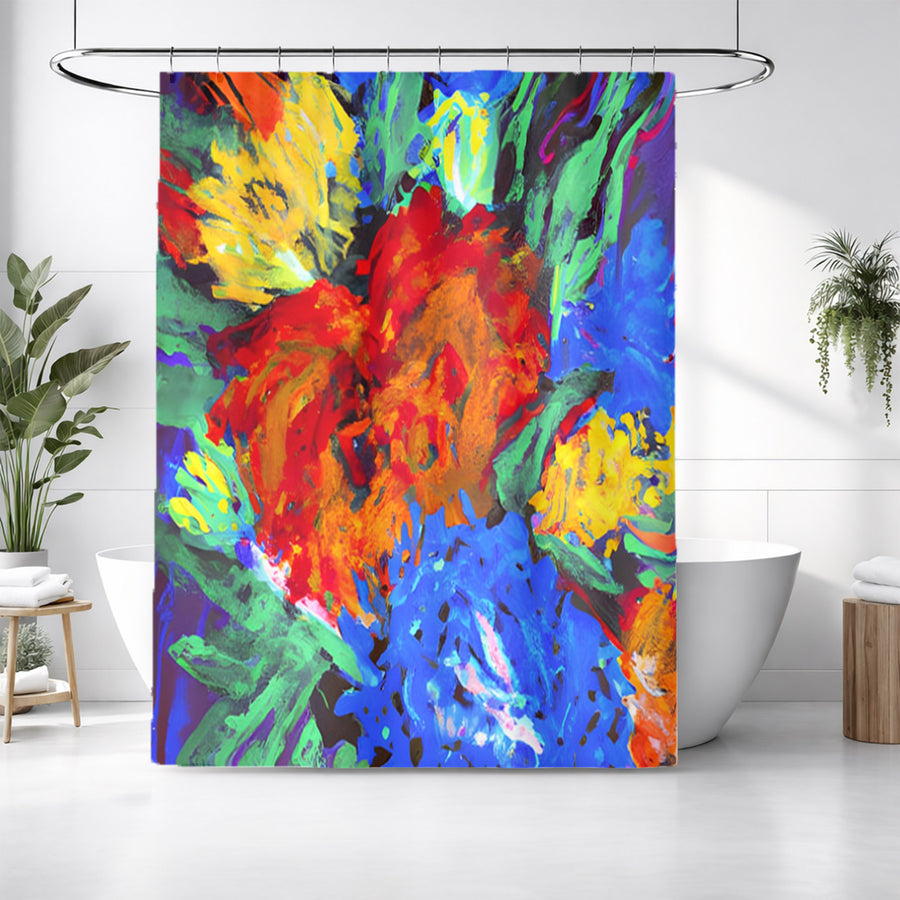 Red and Yellow Floral Burst Artwork Shower Curtain