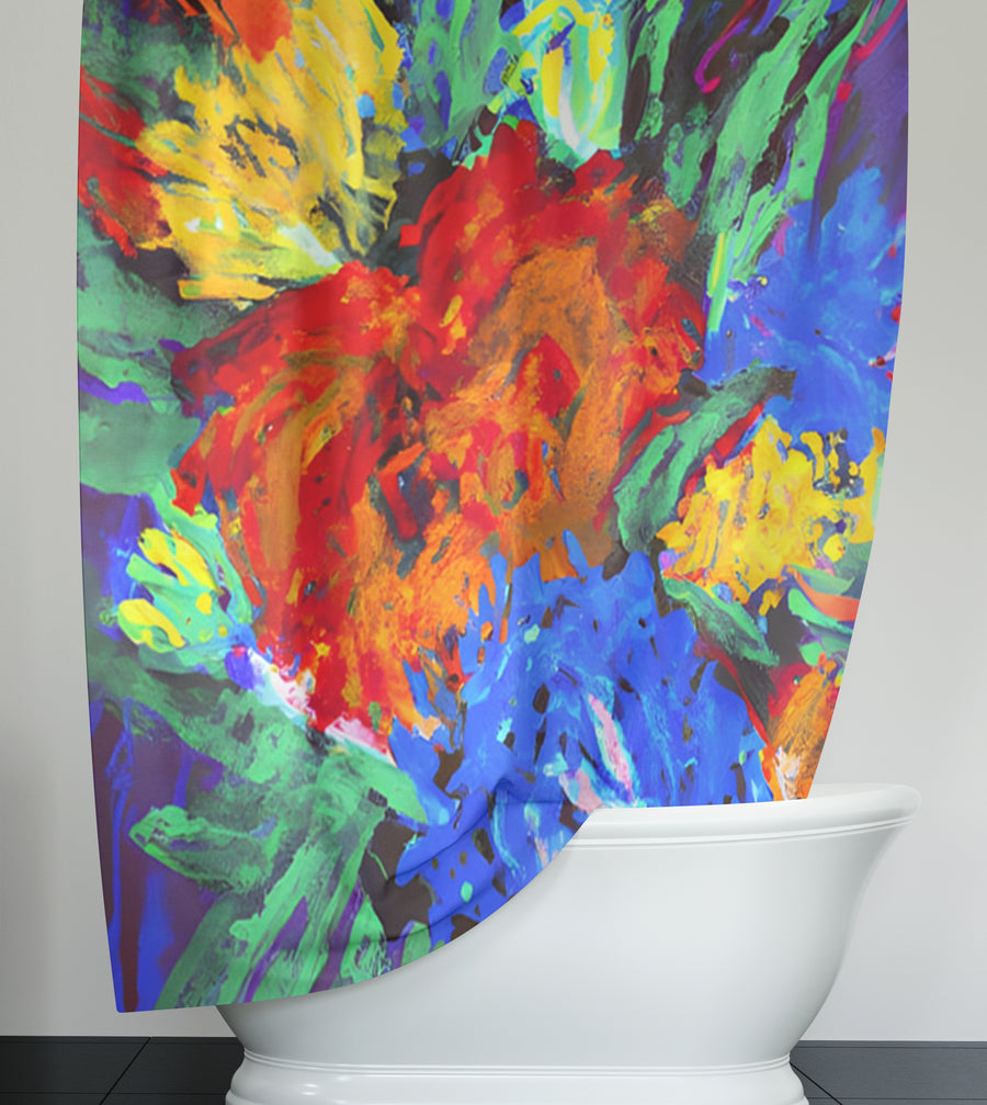 Red and Yellow Floral Burst Artwork Shower Curtain