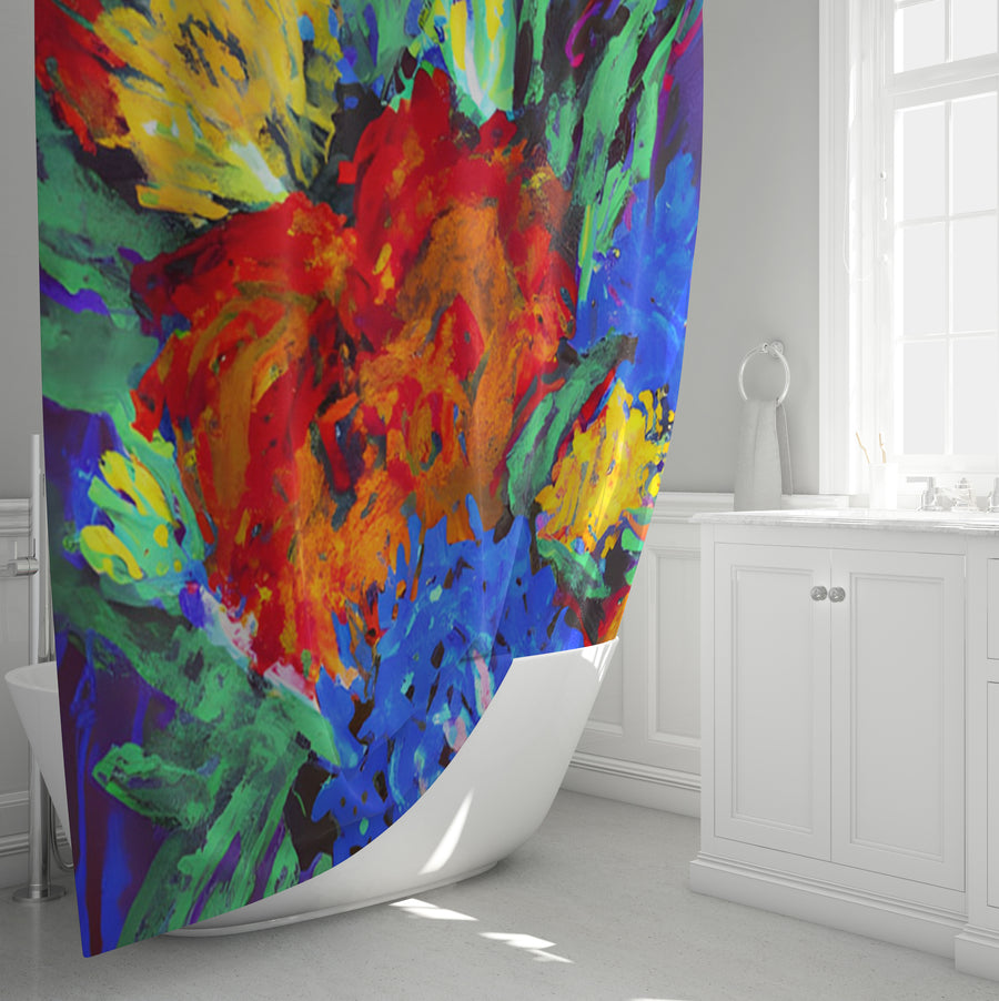 Red and Yellow Floral Burst Artwork Shower Curtain