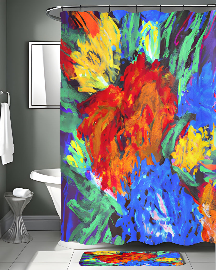 Red and Yellow Floral Burst Artwork Shower Curtain