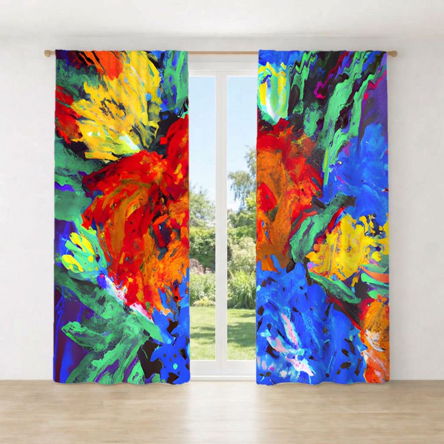 Red and Yellow Floral Burst Artwork Window Curtains