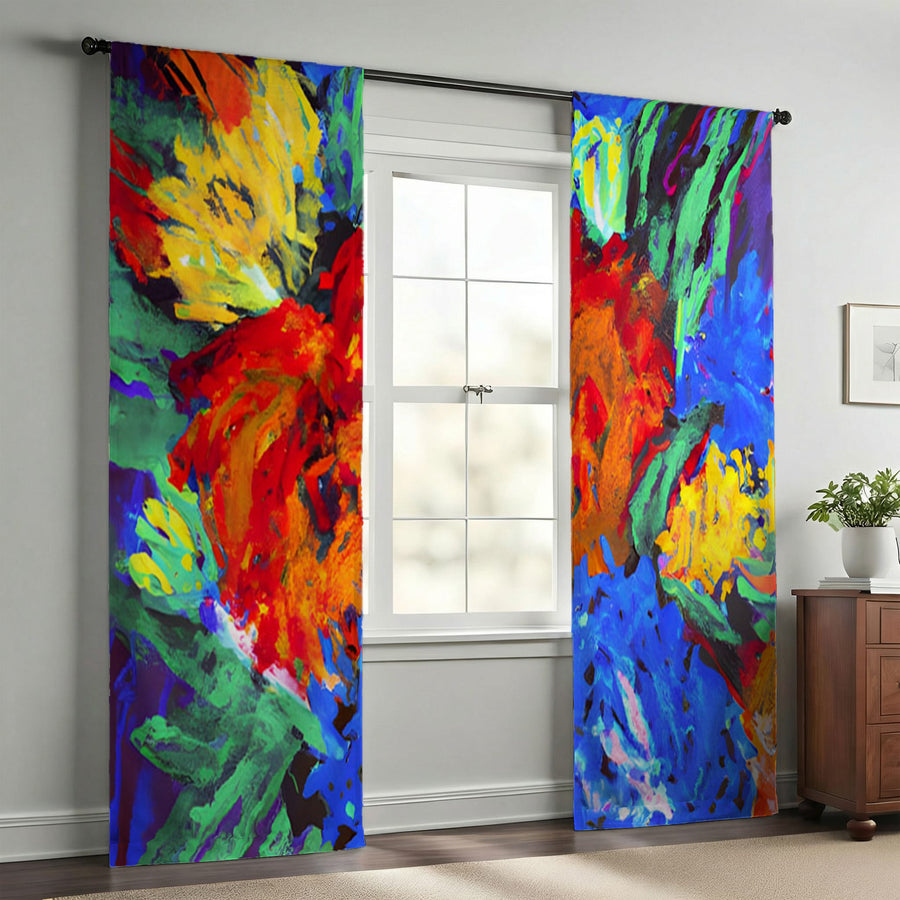Red and Yellow Floral Burst Artwork Window Curtains