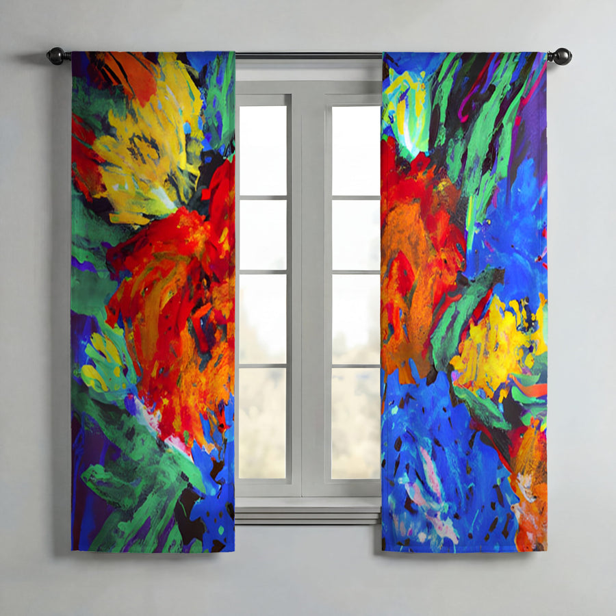 Red and Yellow Floral Burst Artwork Window Curtains