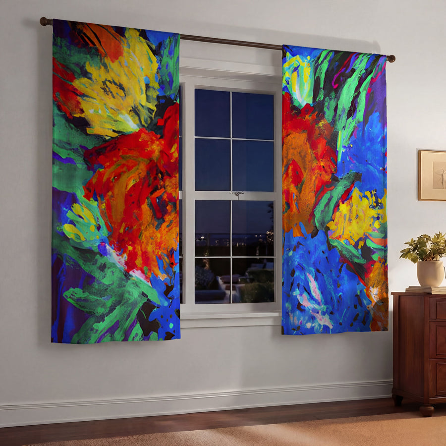 Red and Yellow Floral Burst Artwork Window Curtains