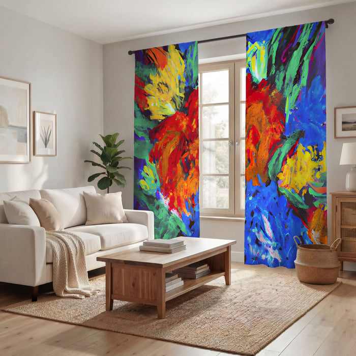 Red and Yellow Floral Burst Artwork Window Curtains