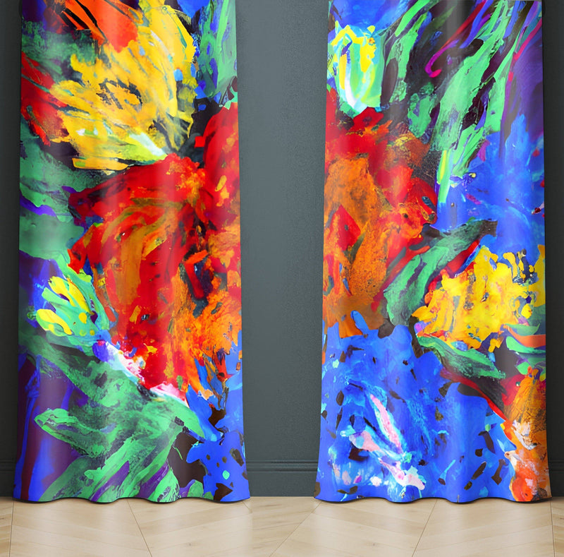 Floral Window Curtains - Blue, Green and Red Bold Color Pattern - Deja Blue Studios