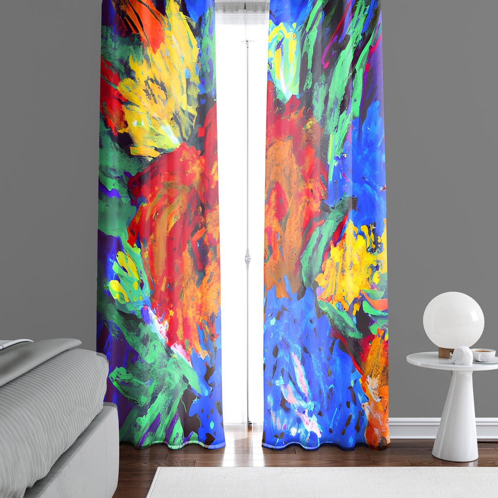 Floral Window Curtains - Blue, Green and Red Bold Color Pattern - Deja Blue Studios