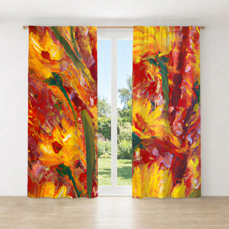 Orange Abstract Floral Expression Artwork Window Curtains