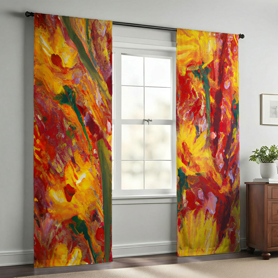 Orange Abstract Floral Expression Artwork Window Curtains