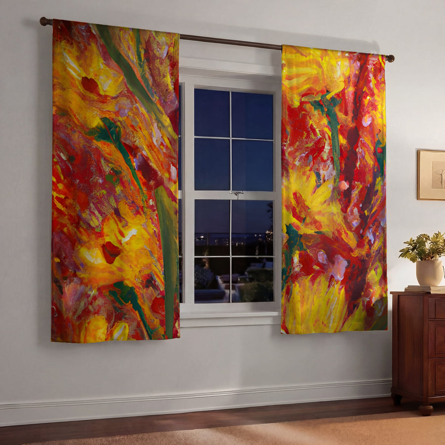 Orange Abstract Floral Expression Artwork Window Curtains