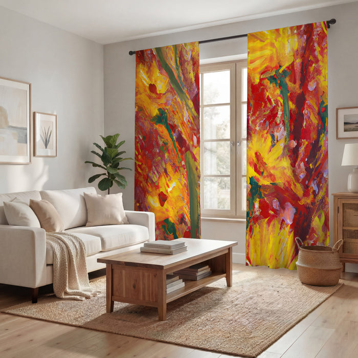 Orange Abstract Floral Expression Artwork Window Curtains