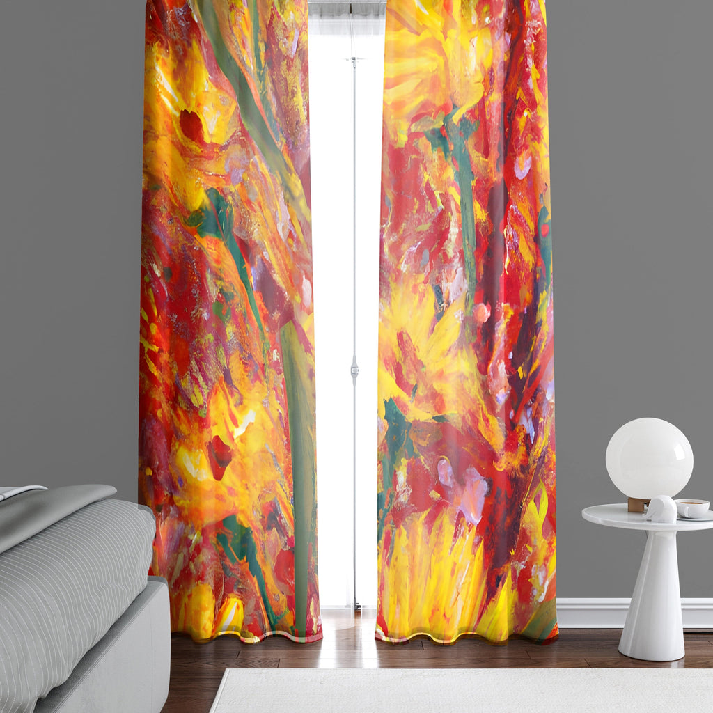 Floral Window Curtains - Bohemian Fire Red and Yellow Print - Deja Blue Studios