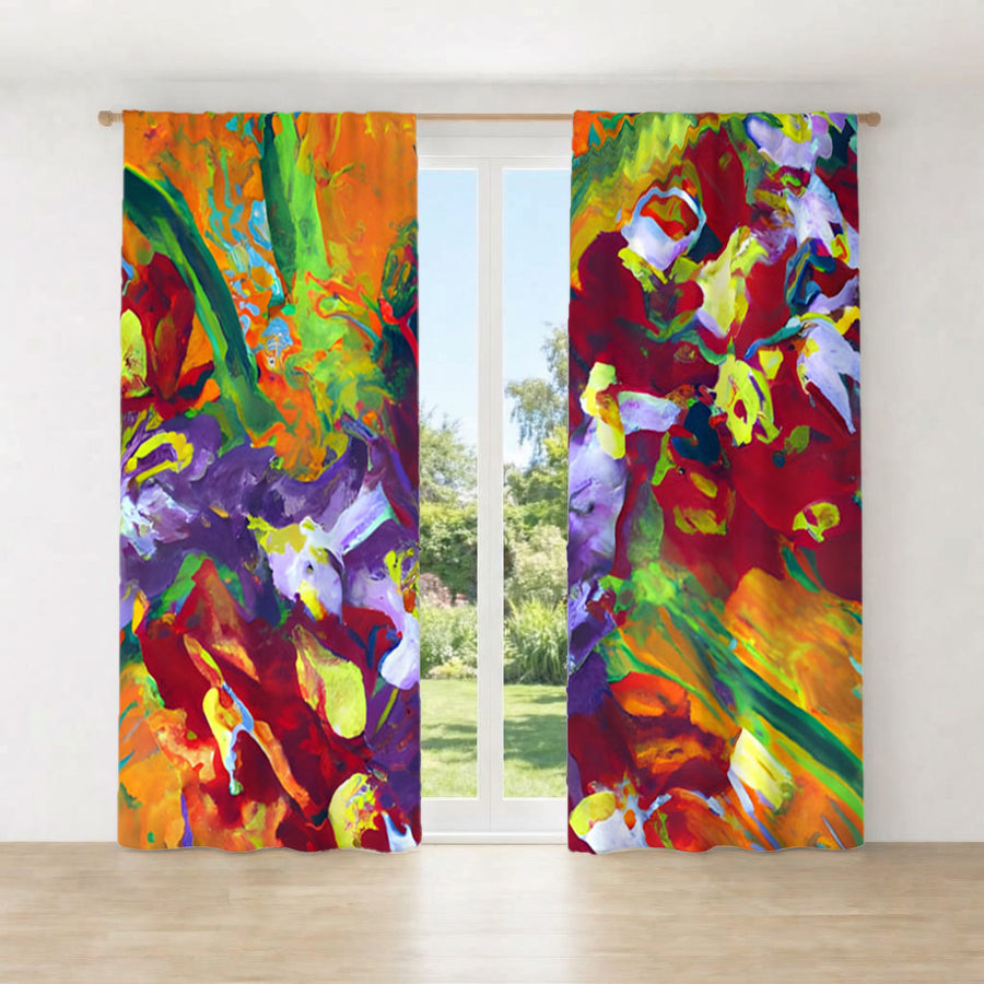 Multicolor Abstract Floral Brush Artwork Window Curtains