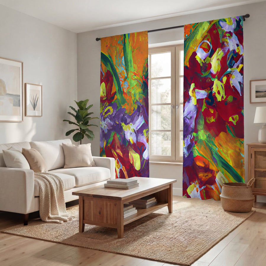 Multicolor Abstract Floral Brush Artwork Window Curtains