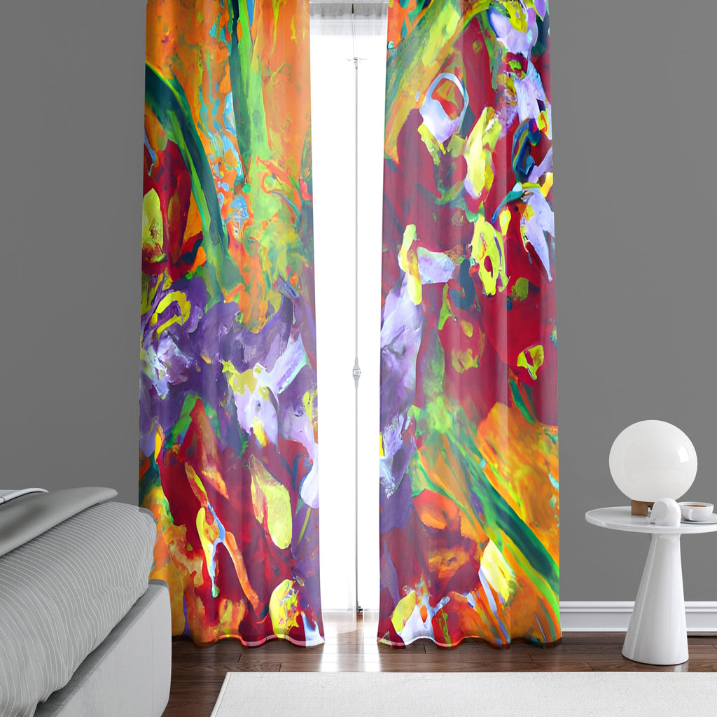 Floral Window Curtains - Modern Contemporary Orange and Red Floral Print - Deja Blue Studios