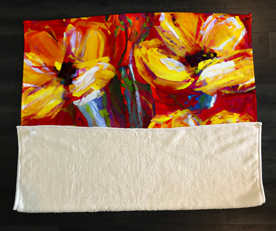 Yellow and Red Floral Garden Artwork Fleece Sherpa Blanket