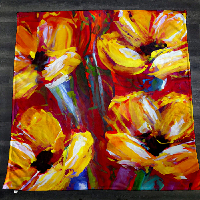 Yellow and Red Floral Garden Artwork Fleece Sherpa Blanket